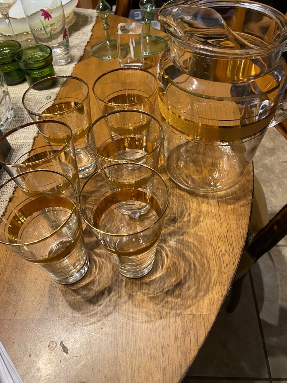 Vintage 1960s Gold Band MCM SET OF 6 glasses and matching pitcher. Good conditio